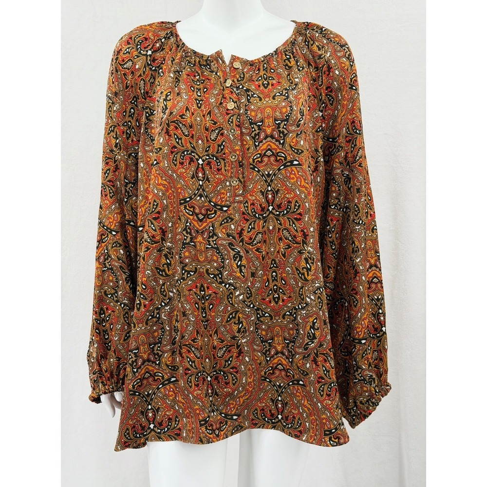 Michael Kors Top Womens 3X Tan Black Paisley Boho Peasant Autumn Long Sleeves